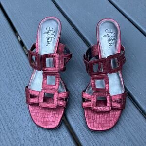 Red embossed strappy mid block sandal heels, open toe, Y2K